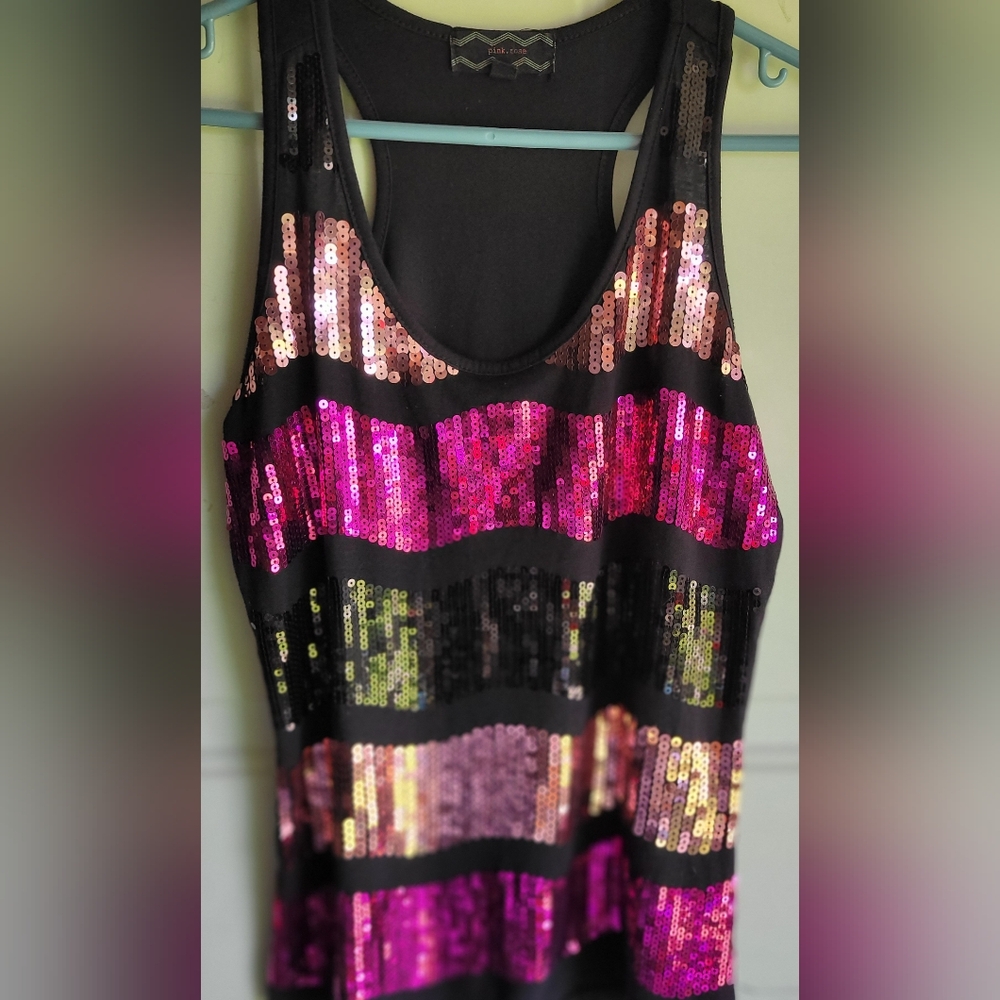 Pink Rose Sequin Tank Top in Pink and Black